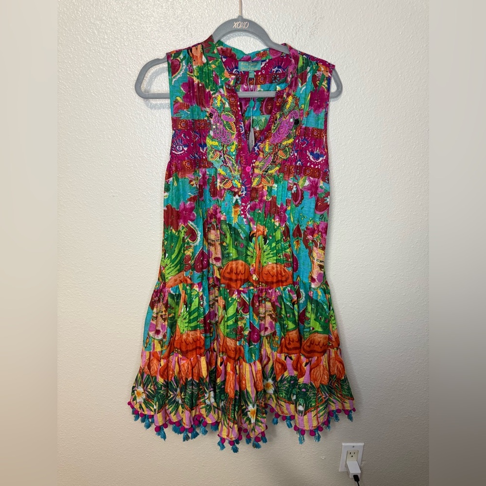 New European ANTICA SARTORIA beaded flamingos Vibrant Sleeveless Floral Dress